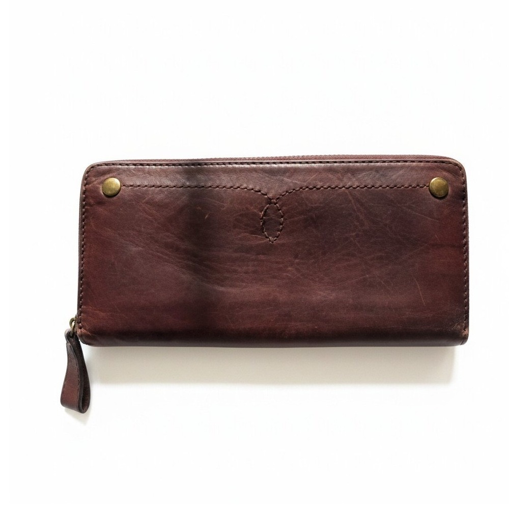 Frye Melissa Zip Around Leather Continental Wallet Dark Cherry Brown Brass Studs